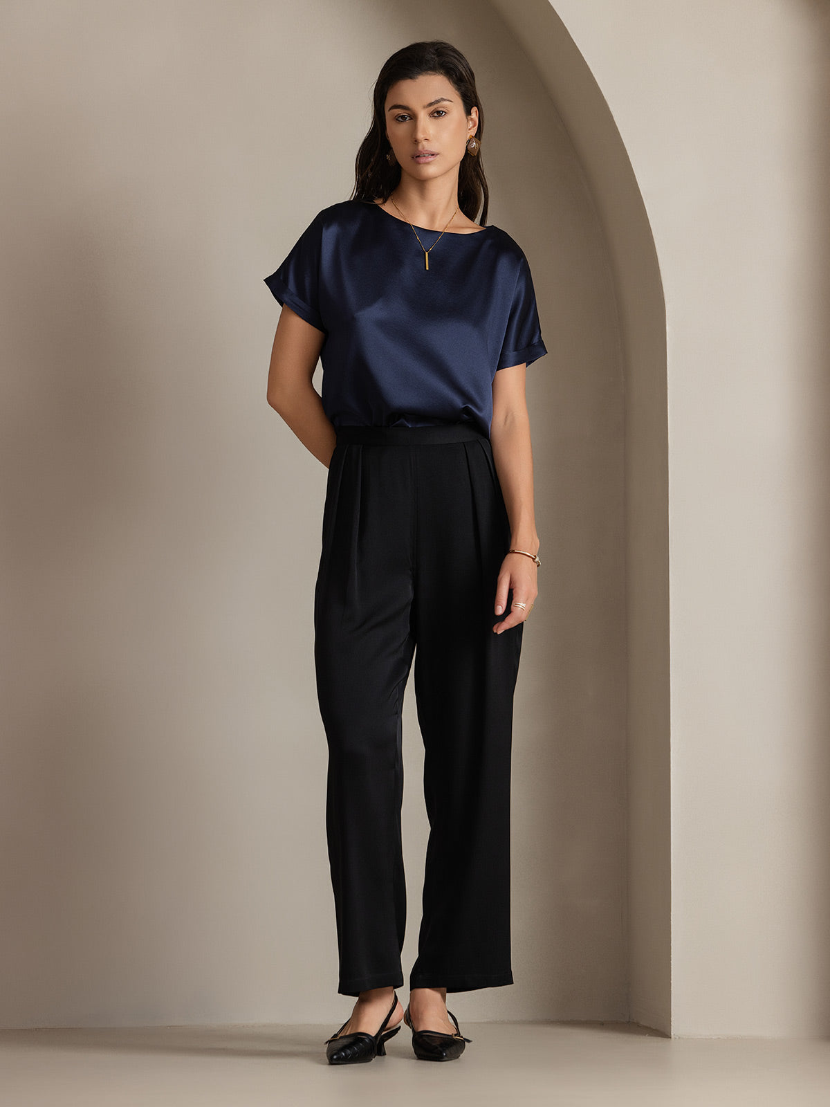 [Mörkblå] SilkSilky-SE 19Momme Silke Womens T-Shirt 004