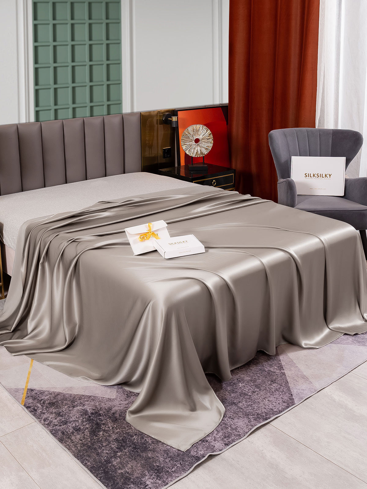 [Grå] SilkSilky-SE 25Momme Rent Silke Sheet 001