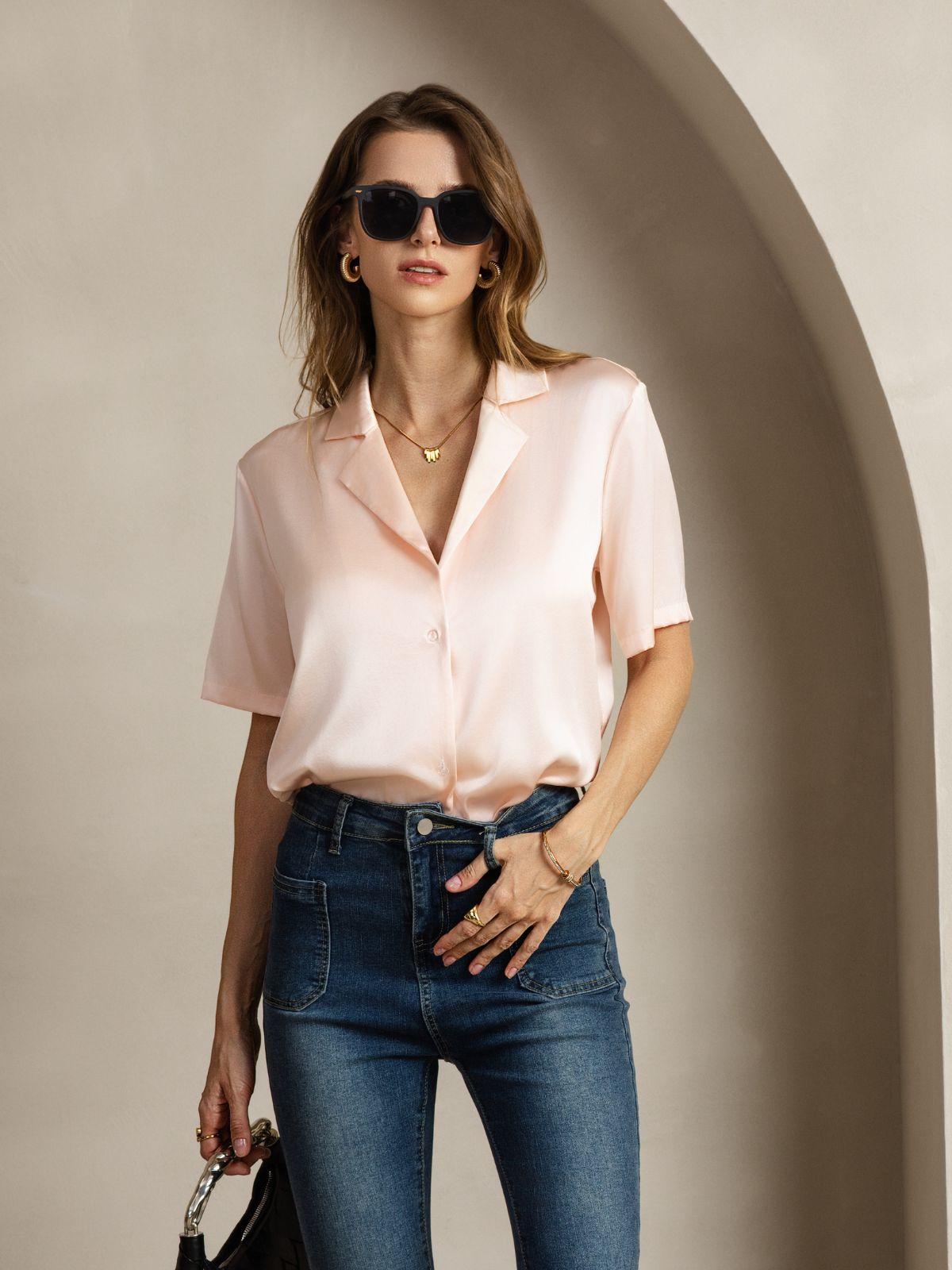 [Rosa] SilkSilky-SE 19Momme Silke Skårad Damskjorta 006