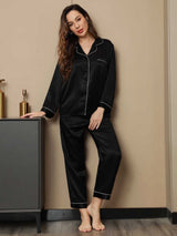 [Svart] SilkSilky-SE Long Sleeve Lapel Collar Dam Pyjama 004