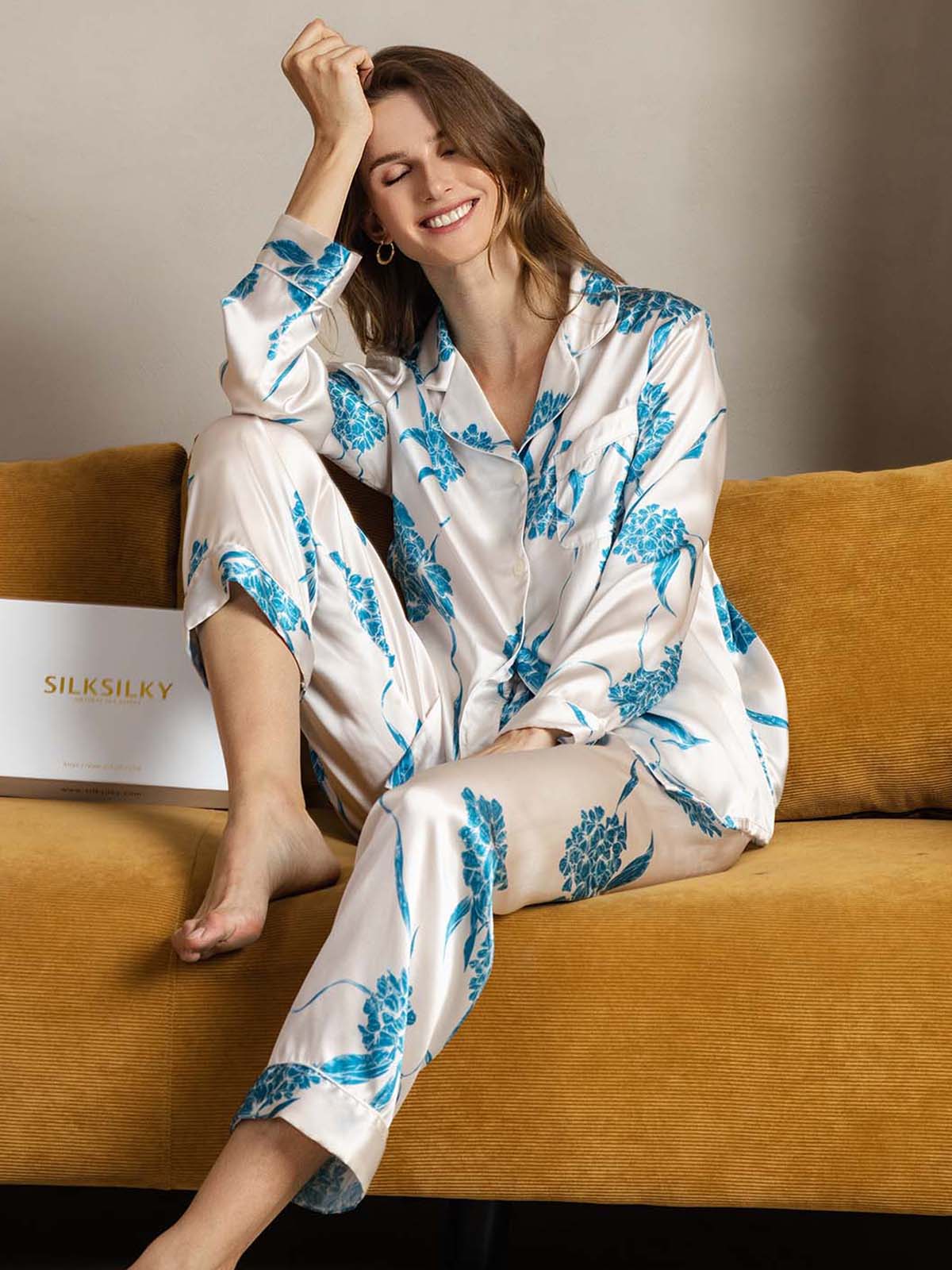 [Blå Blommor] SilkSilky-SE Rent Silke Womens Pajamas 004
