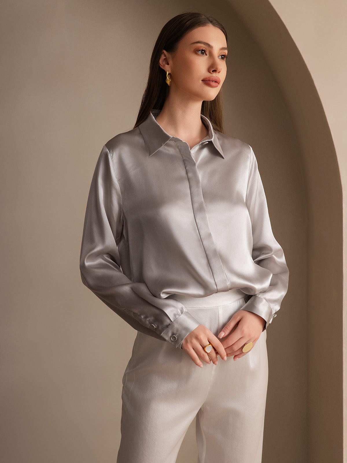 [Ljusgrå] SilkSilky-SE 19Momme Silke Lapel Collar Damskjorta 004
