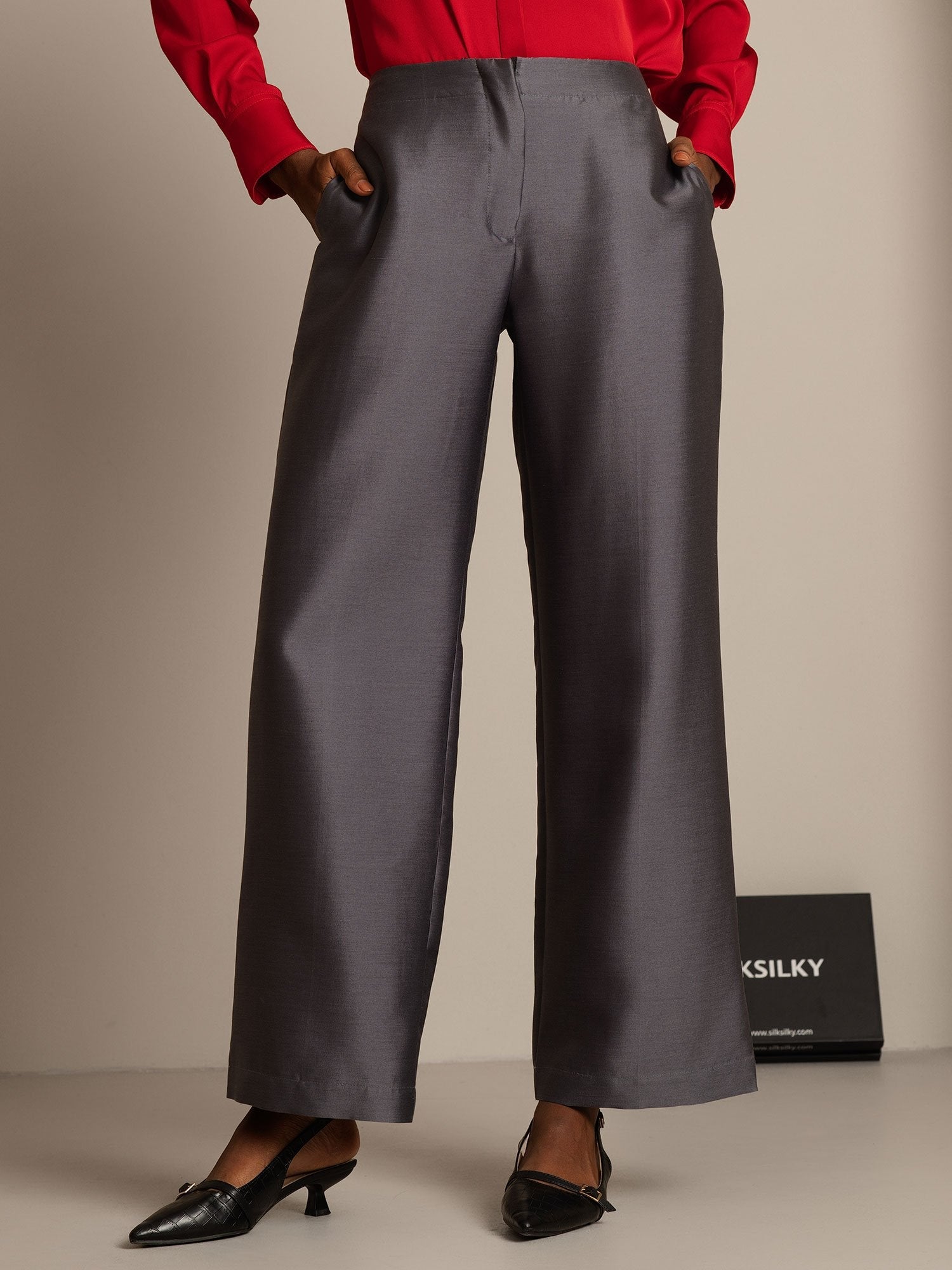 [Grå] SilkSilky-SE 32Momme Silk-Wool Blend Womens Pants 001,