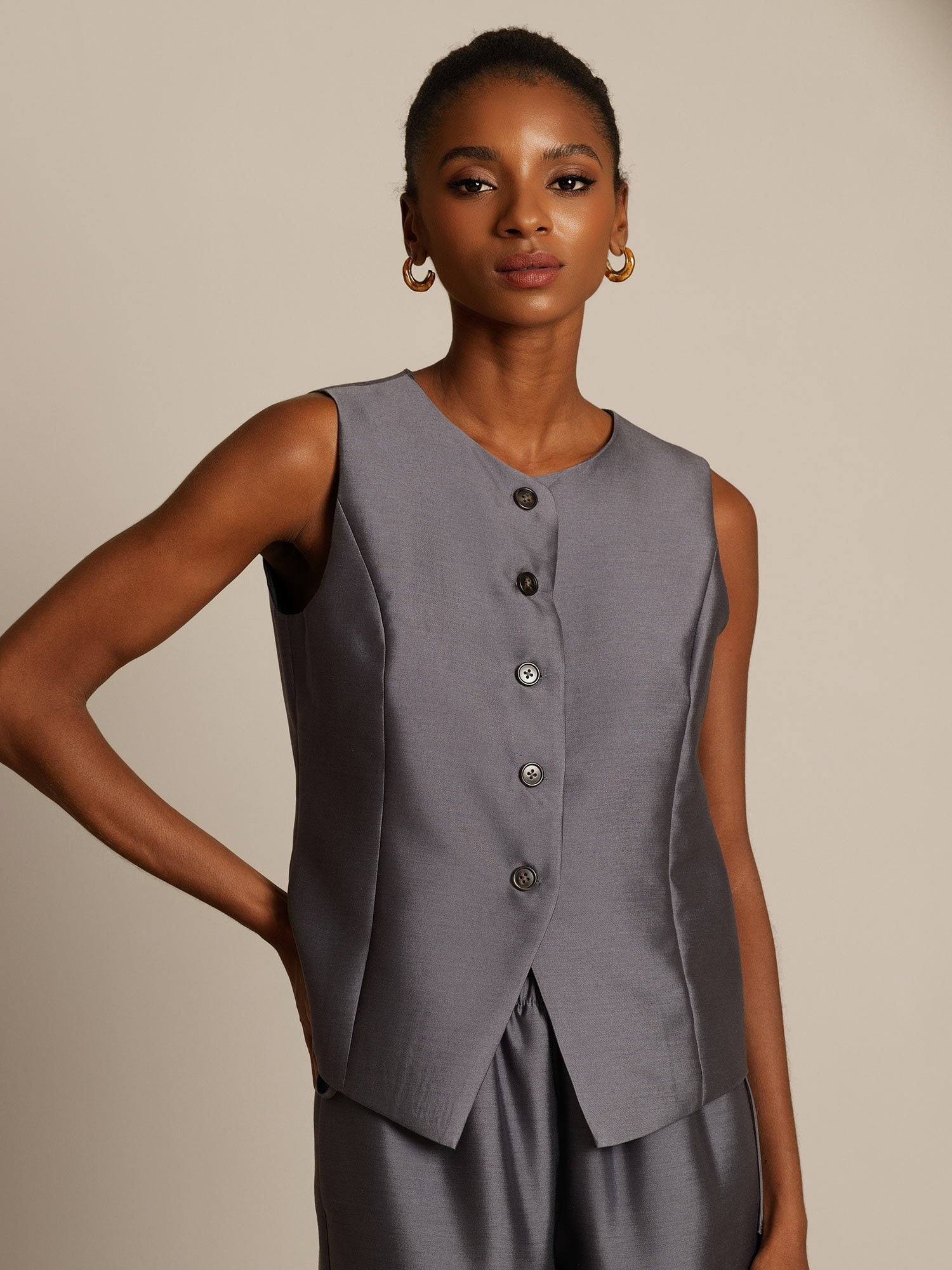 [Grå] SilkSilky-SE 32Momme Silk-Wool Blend Womens Vest 005,