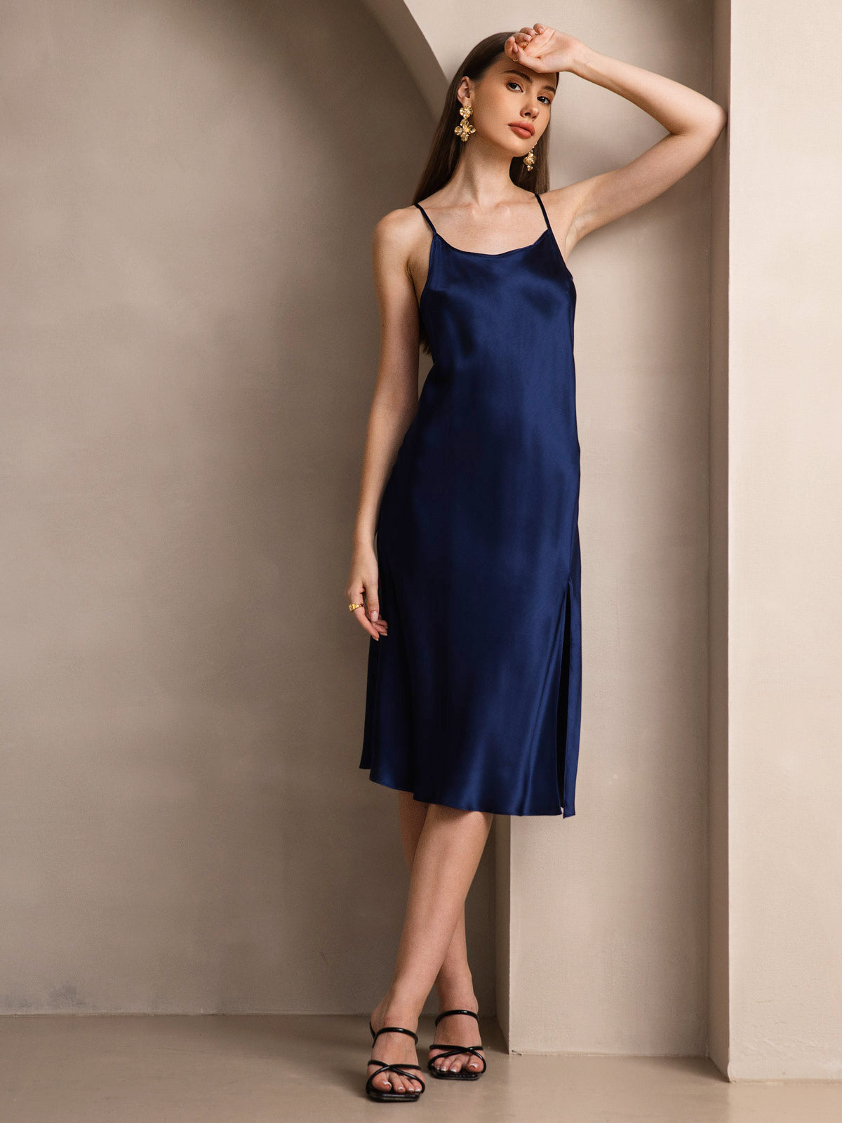 [Mörkblå] SilkSilky-SE Rent Silke Dress 006