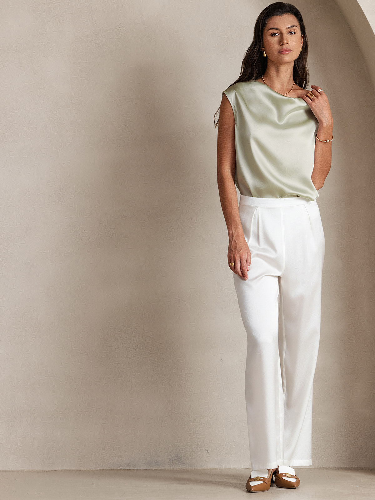 [Ljusgrön] SilkSilky-SE 19Momme Silke Womens T-Shirt 006