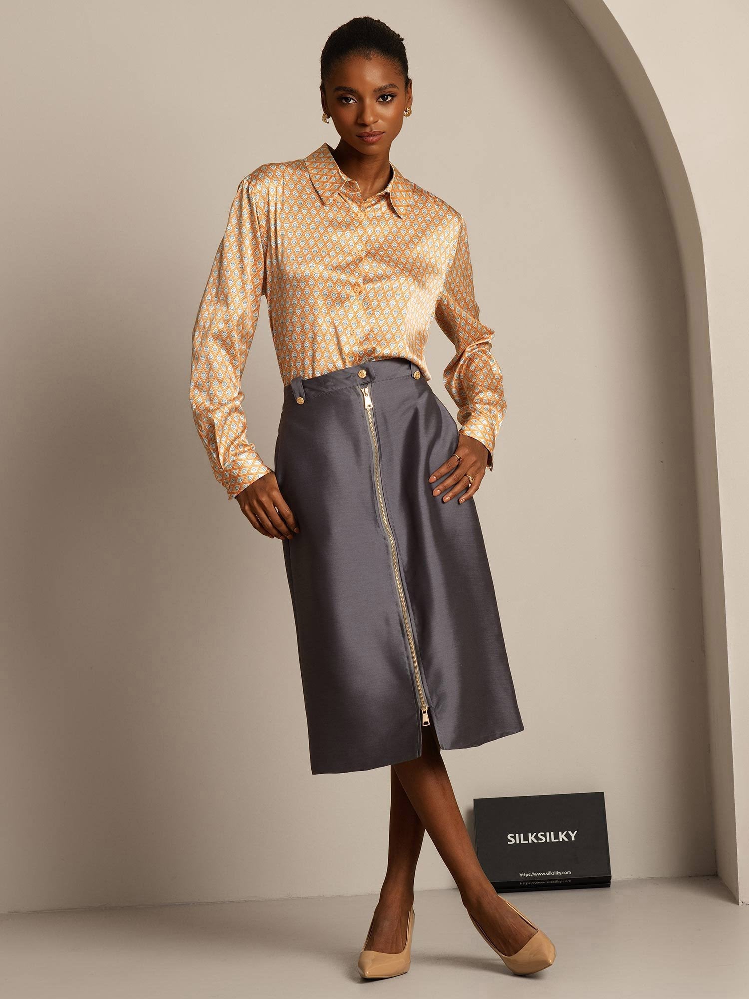 [Grå] SilkSilky-SE 32Momme Silk-Wool Blend Skirt 007,