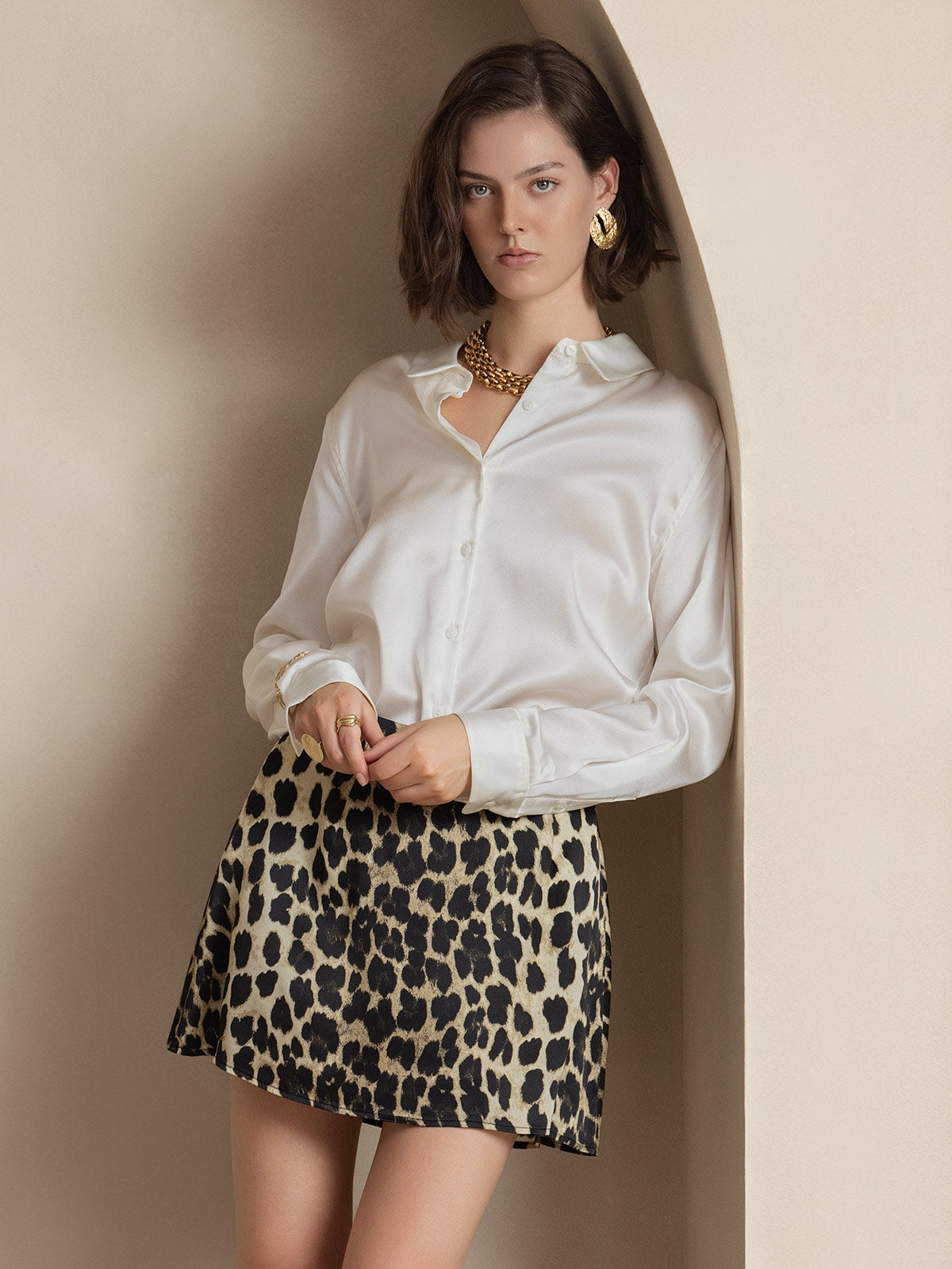 [Vit] SilkSilky-SE Silke Lång Ärm Krage Damskjorta 004