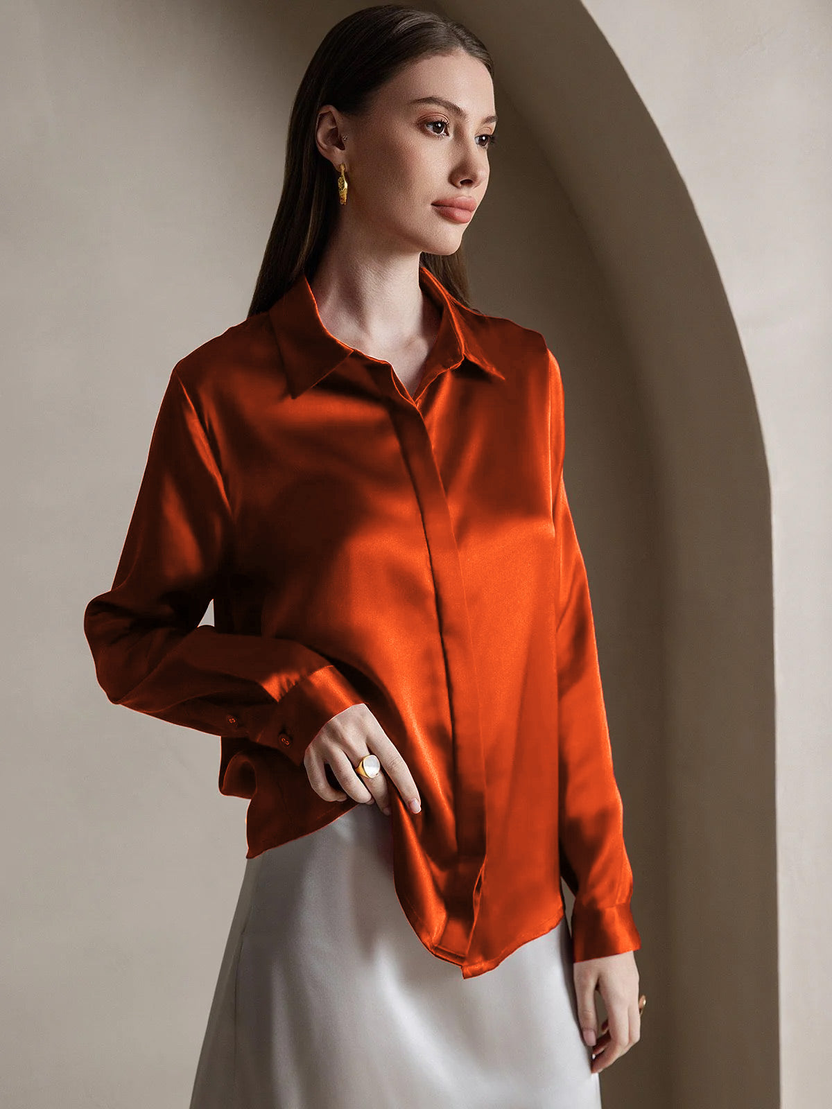 [Kola] SilkSilky-SE 19Momme Silke Lapel Collar Damskjorta 004