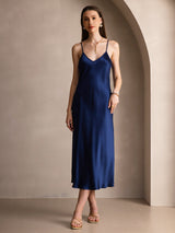[Mörkblå] SilkSilky-SE Spaghetti Strap V Neck Klänning 003