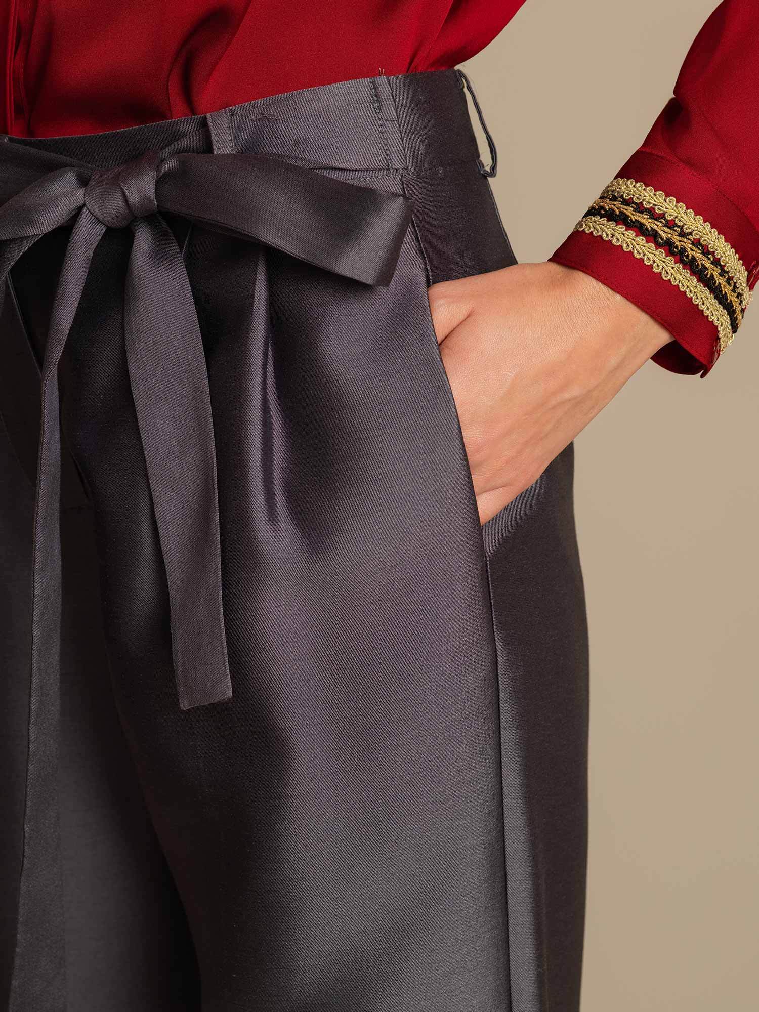 [Grå] SilkSilky-SE 32Momme Silk-Wool Blend Womens Pants 004,