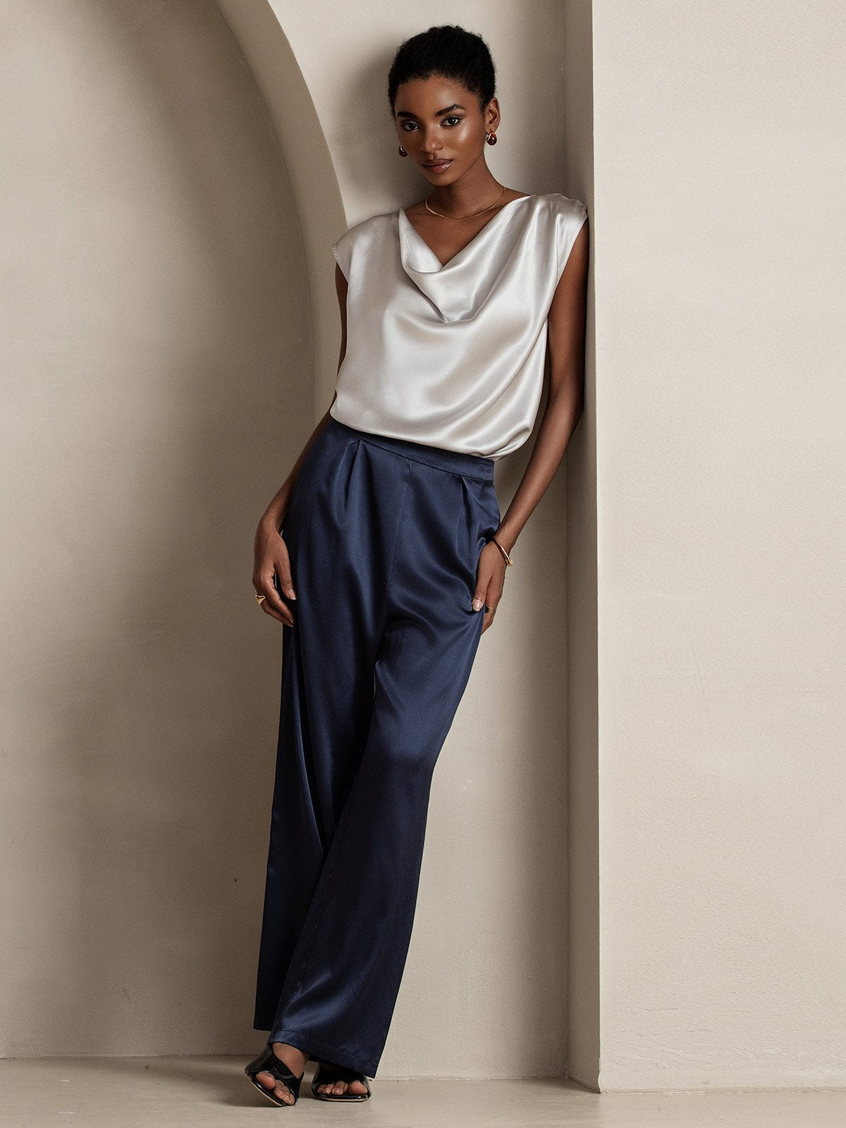 [Ljusgrå] SilkSilky-SE 19Momme Kappärm Cowl Halsringning Dam T-Shirt 006