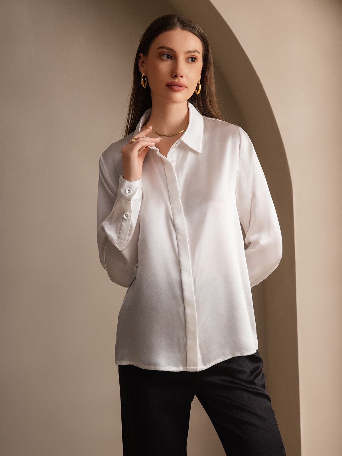 [Vit] SilkSilky-SE 19Momme Silke Lapel Collar Damskjorta 004