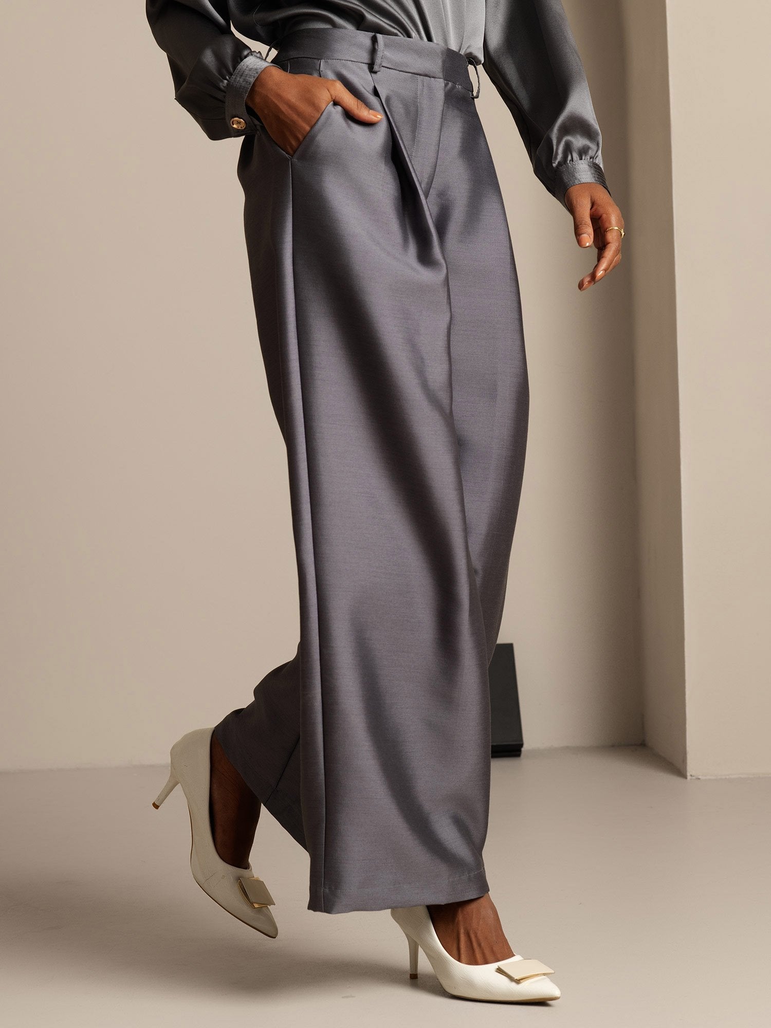 [Grå] SilkSilky-SE 32Momme Silk-Wool Blend Womens Pants 003,