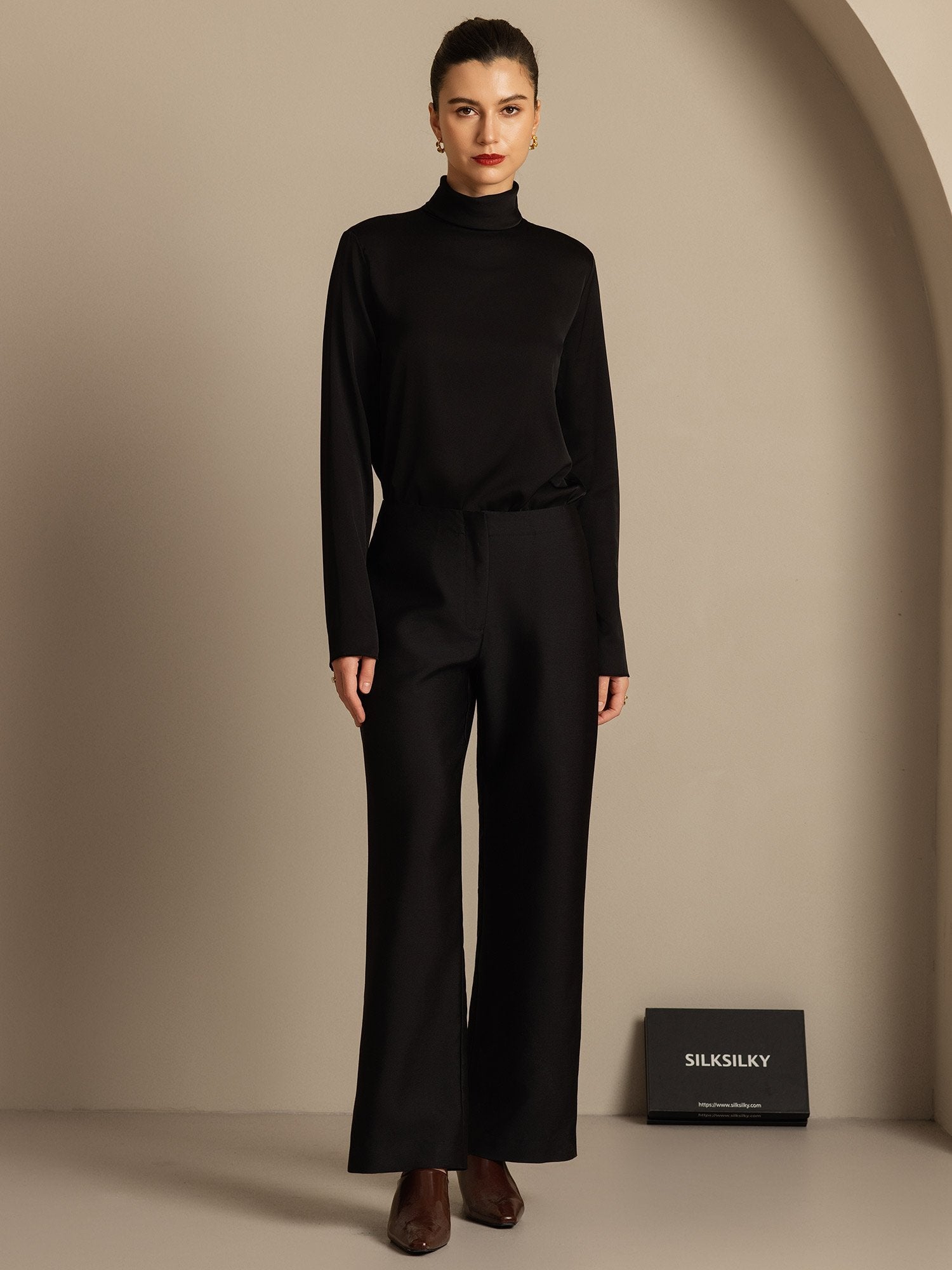 [Svart] SilkSilky-SE 32Momme Silk-Wool Blend Womens Pants 005,