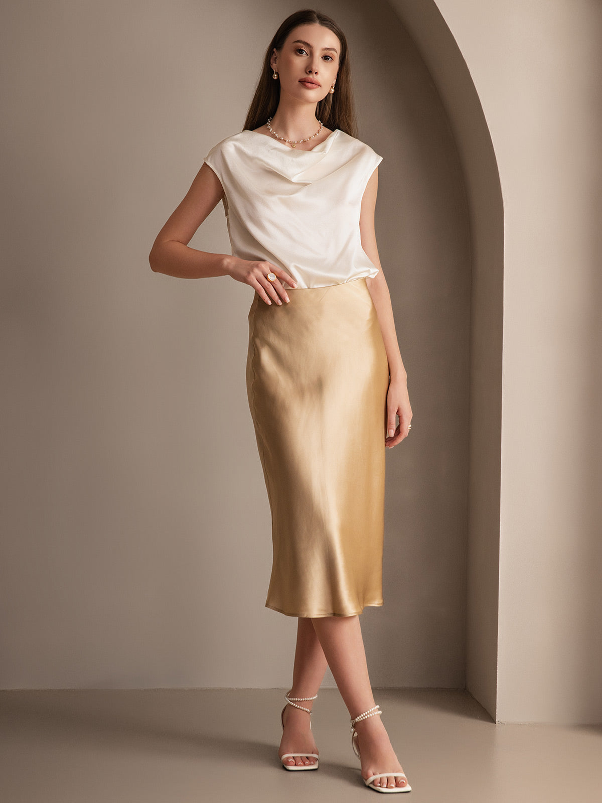 [Champagne] SilkSilky-SE 19Momme Rent Silke Skirt 001