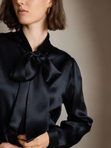 [Svart] SilkSilky-SE 19Momme Lång Ärm Snörad I Halsen Blus 002