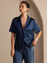 [Mörkblå] SilkSilky-SE Short Sleeve Lapel Collar Damskjorta 003