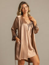 [Brun] SilkSilky-SE 3/4 Sleeve V Neck Dam Nattlinne&Morgonrock Set 006