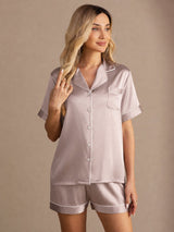 [Skugggrå] SilkSilky-SE Short Sleeve Lapel Collar Dam Pyjama 001