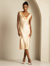 [Champagne] SilkSilky-SE 19Momme Ärmlös Cowl Halsringning Klänning 001