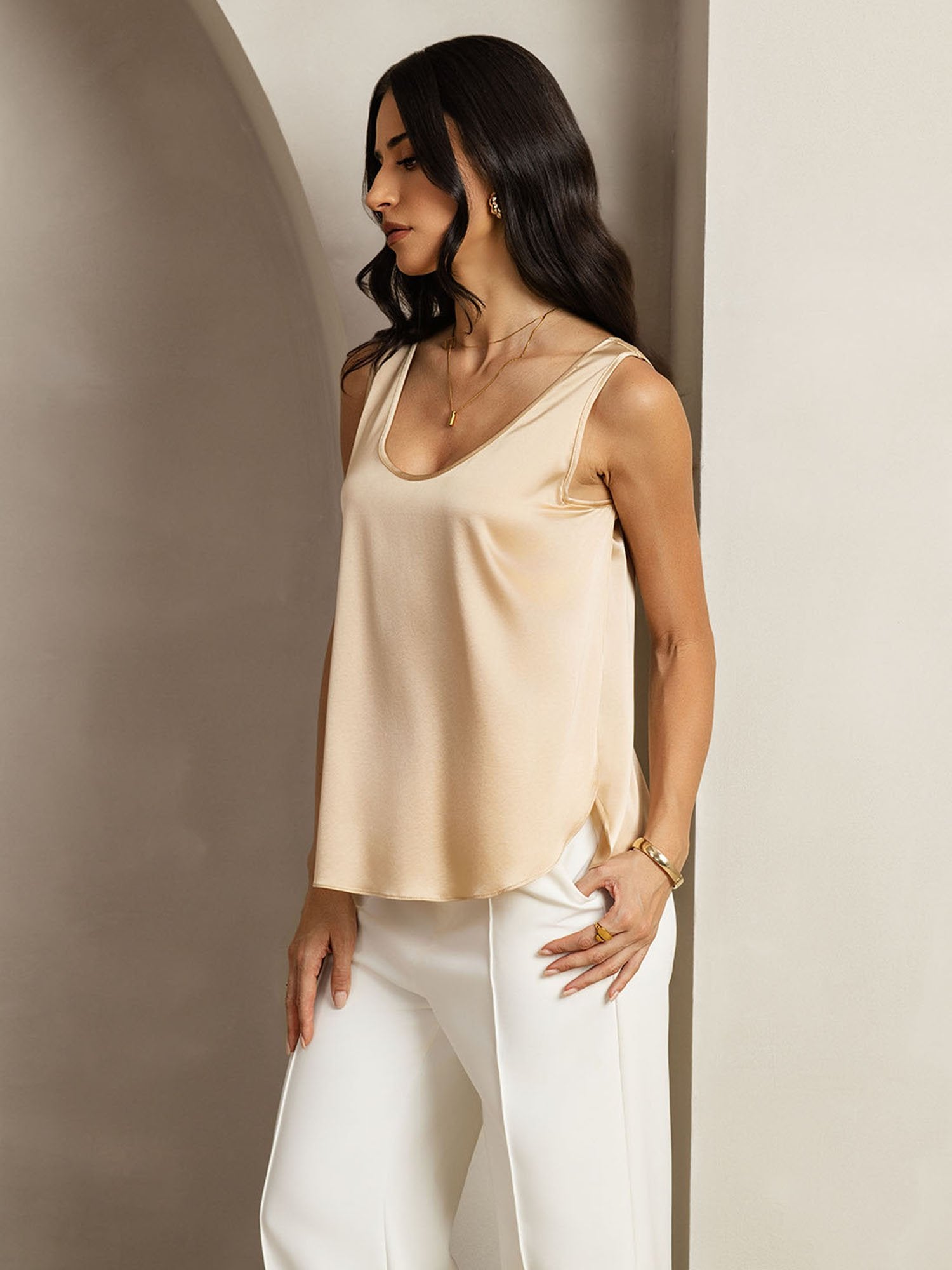 [Champagne] SilkSilky-SE 19Momme Silke Womens T-Shirt 007