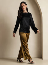 [Svart] SilkSilky-SE Long Sleeve Boat Neck Blus 008