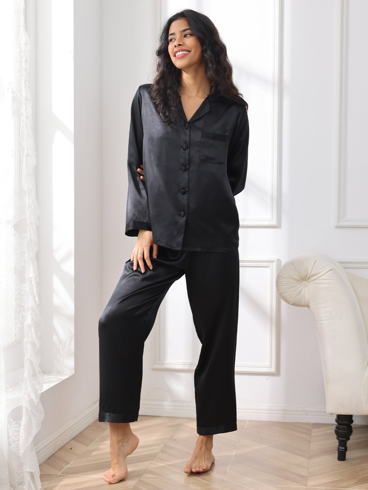 [Svart] SilkSilky-SE Rent Silke Womens Pajamas 004,