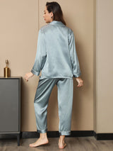 [Stålblå] SilkSilky-SE Long Sleeve Lapel Collar Dam Pyjama 003