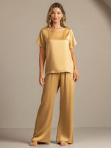 [Tan] SilkSilky-SE 19Momme Kort Ärm Dam Pyjama 008