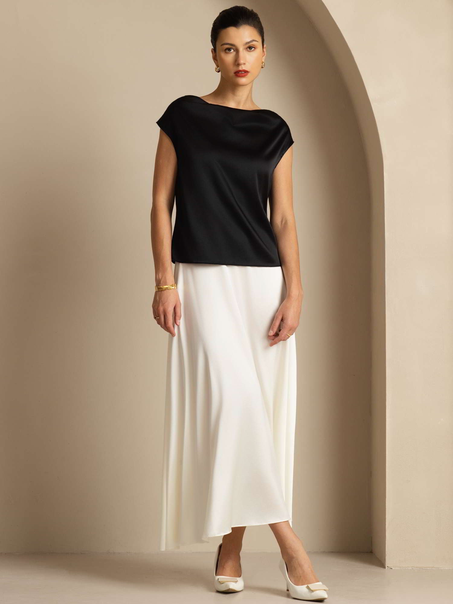 [Svart] SilkSilky-SE 19Momme Silke Ärmlös Womens T-Shirt 007