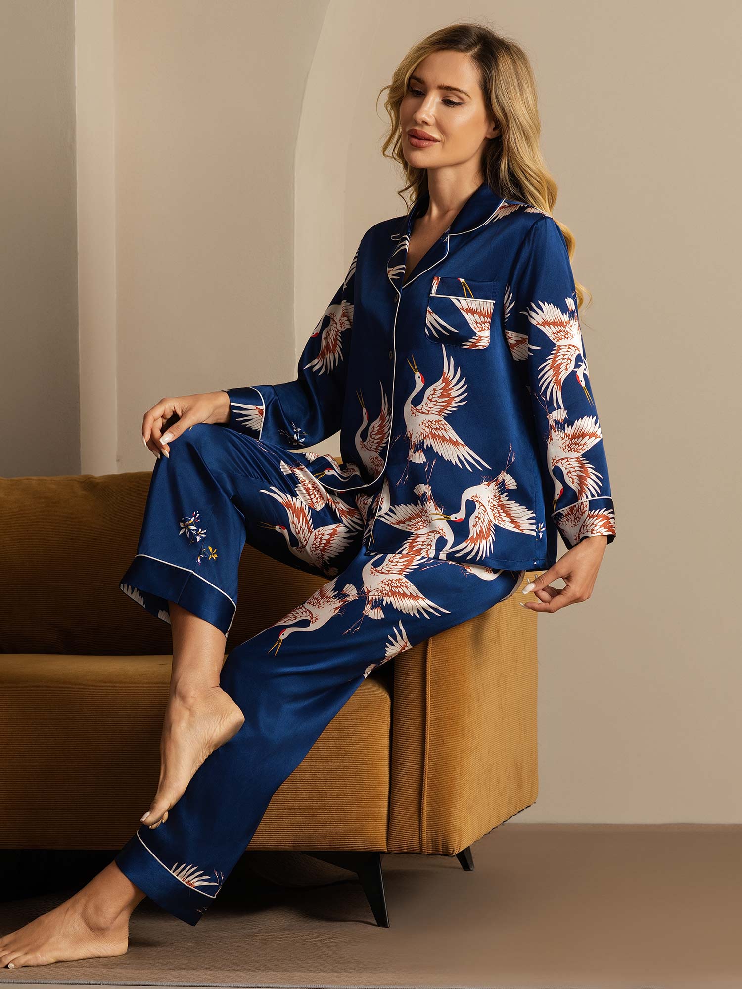 [Mörkblå] SilkSilky-SE 19Momme Rent Silke Womens Pajamas 006,