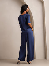 [Mörkblå] SilkSilky-SE Half Sleeve Round Neck Dam Pyjama 002