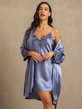 [Stålblå] SilkSilky-SE 3/4 Sleeve V Neck Dam Nattlinne&Morgonrock Set 003