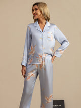 [Ljusblå] SilkSilky-SE Long Sleeve Lapel Collar Dam Pyjama 005