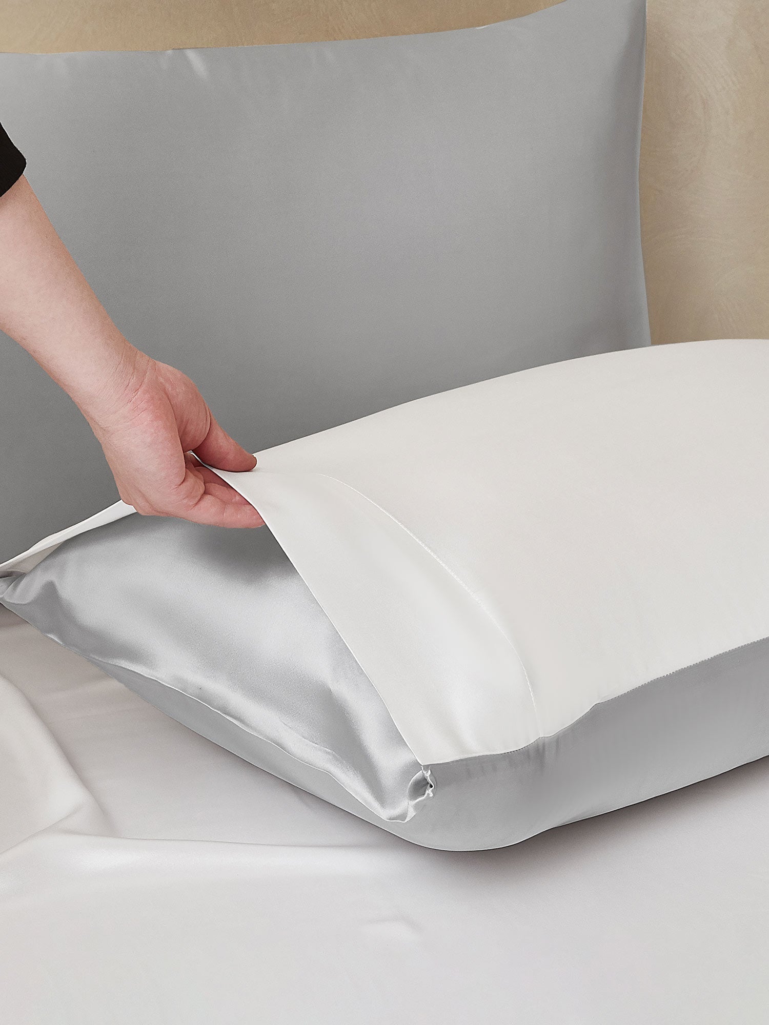 [Ljusgrå+Vit] SilkSilky-SE 22Momme Rent Silke Bedding Set 003,