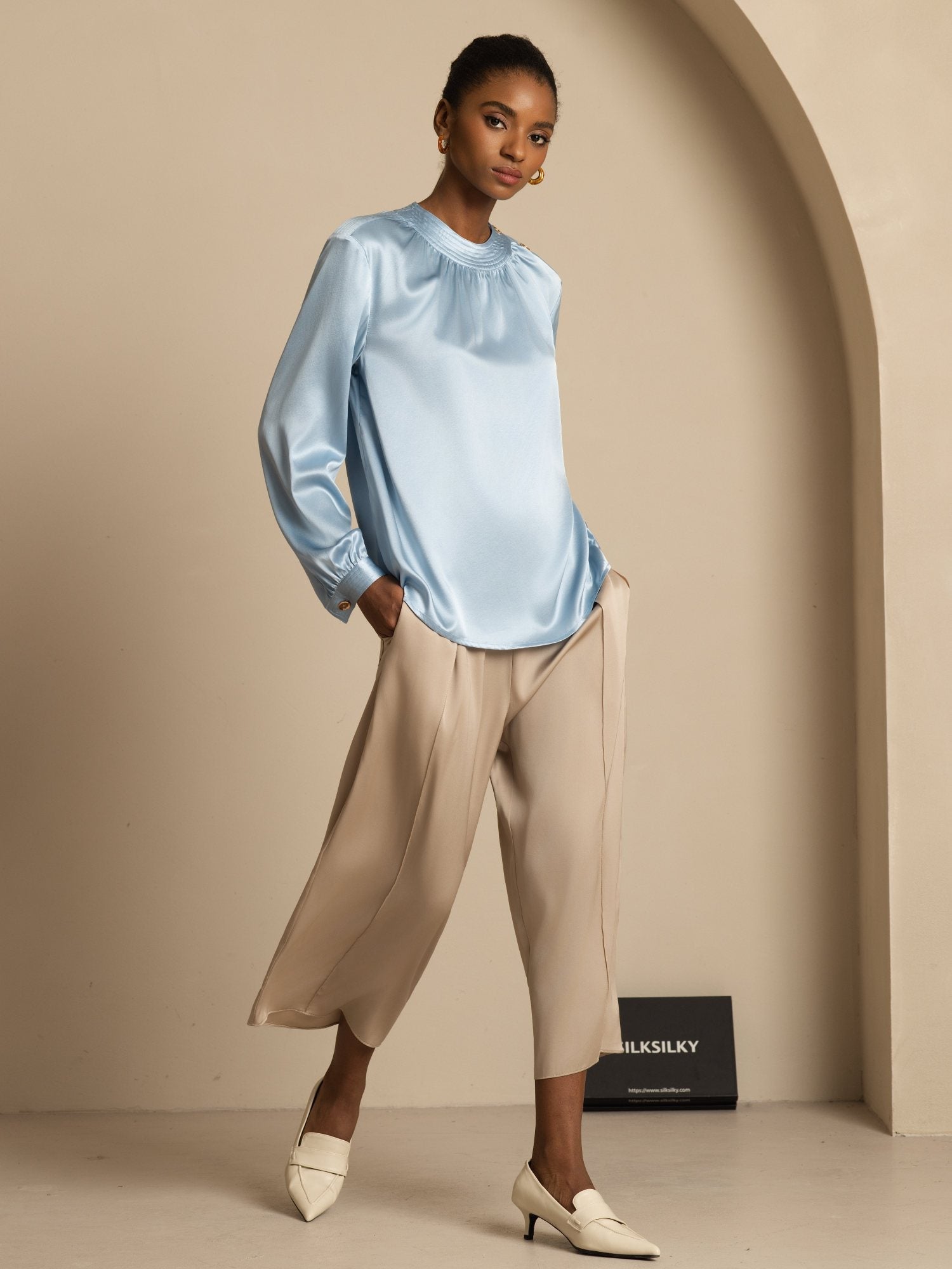 [Gråblå] SilkSilky-SE 19Momme Silke Lång Ärm Rund Halsringning Blus 007