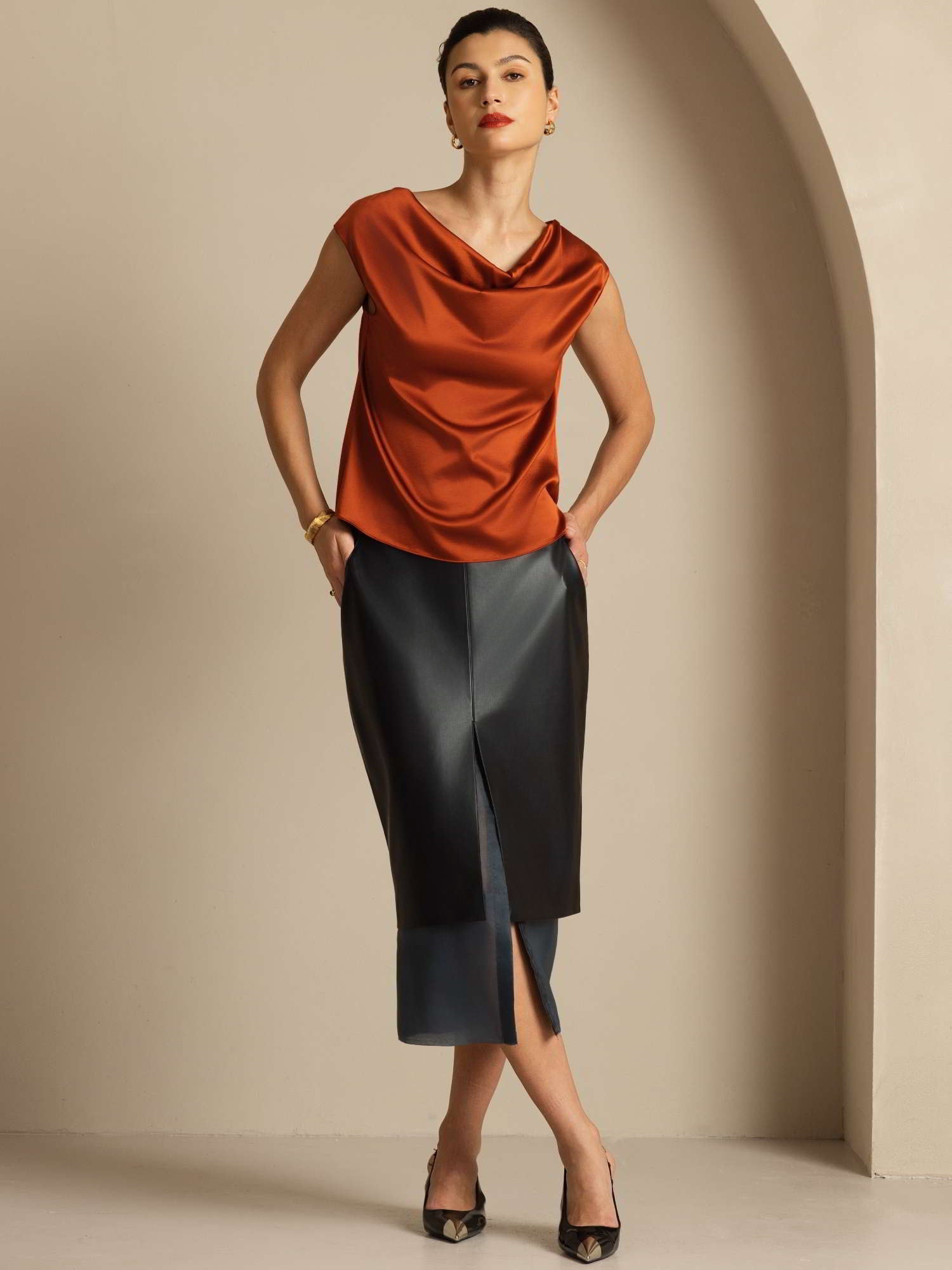 [Kola] SilkSilky-SE 19Momme Kappärm Cowl Halsringning Dam T-Shirt 008