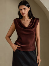 [Mörk Choklad] SilkSilky-SE Cap Sleeve Cowl Neck Dam T-Shirt 005