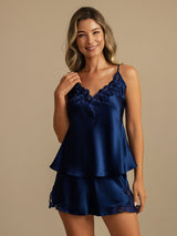 [Mörkblå] SilkSilky-SE Spaghetti Strap V Neck Camisole Set 003
