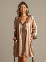 [Brun] SilkSilky-SE 3/4 Sleeve V Neck Dam Nattlinne&Morgonrock Set 003