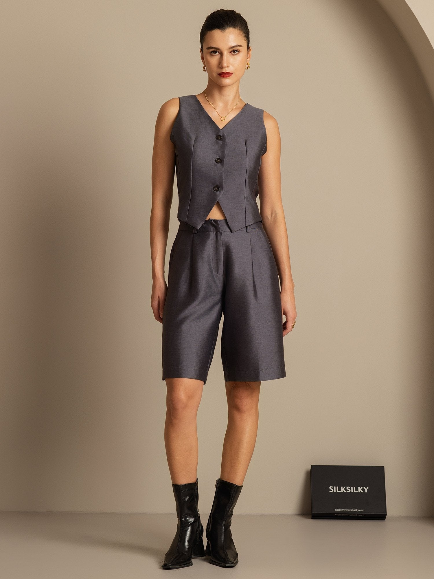 [Grå] SilkSilky-SE 32Momme Silk-Wool Blend Womens Vest 001,