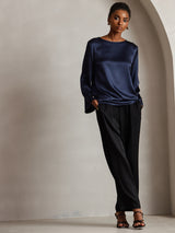 [Mörkblå] SilkSilky-SE Long Sleeve Boat Neck Blus 006
