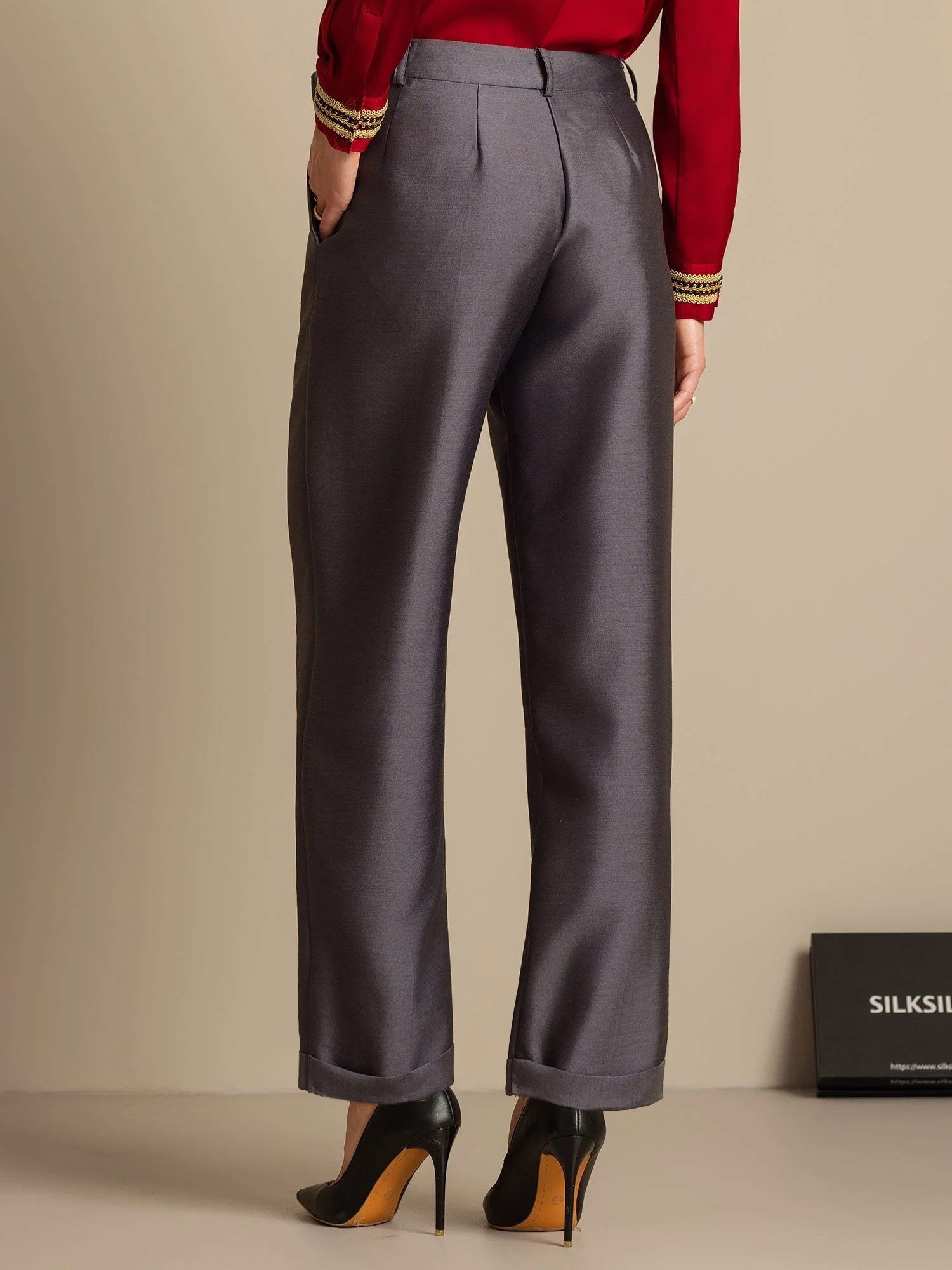 [Grå] SilkSilky-SE 32Momme Silk-Wool Blend Womens Pants 002,