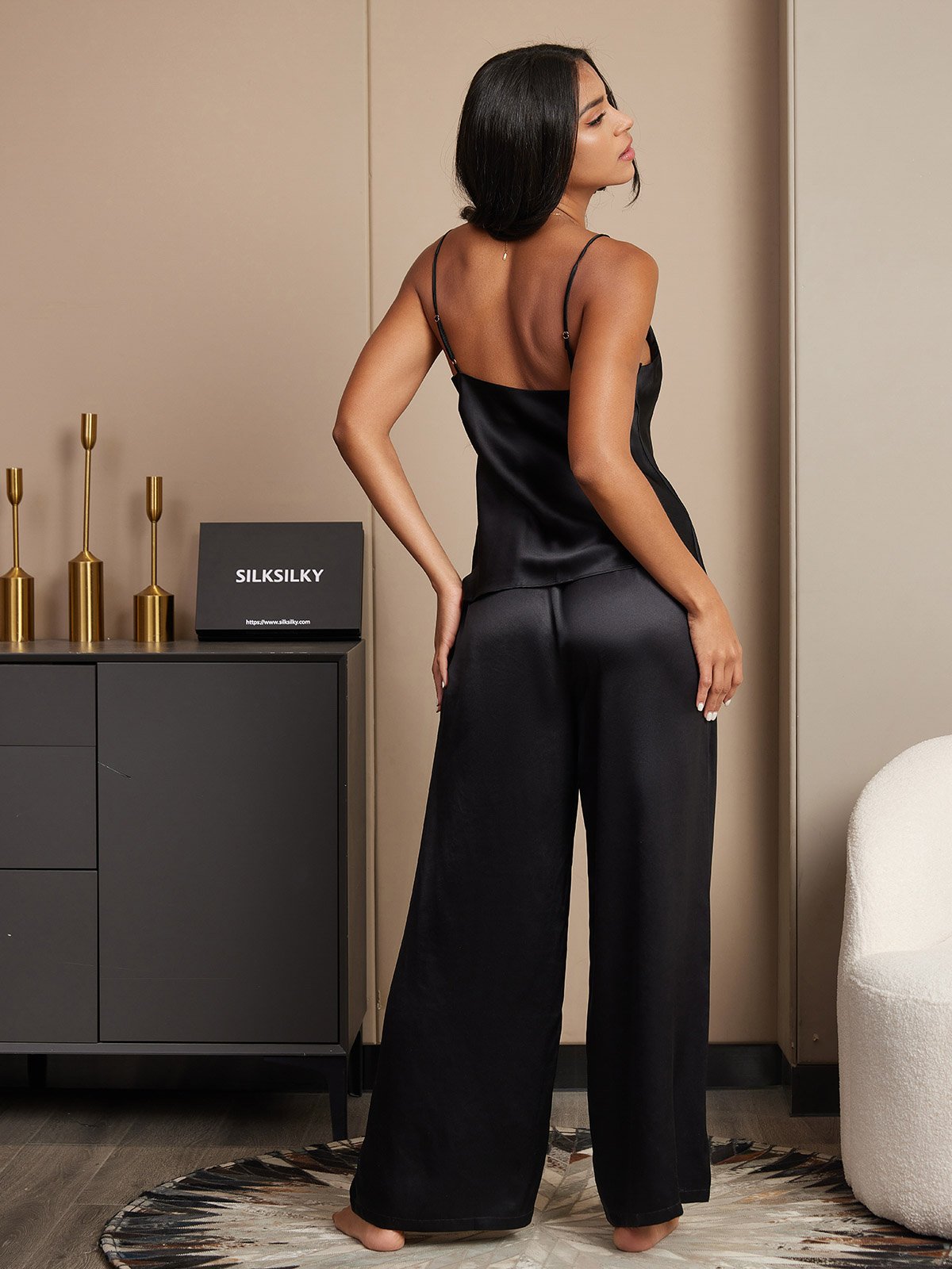 [Svart] SilkSilky-SE Rent Silke Camisole Set 002,