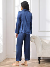 [Mörkblå] SilkSilky-SE Long Sleeve Lapel Collar Dam Pyjama 002