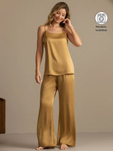 [Tan] SilkSilky-SE 19Momme Spaghetti Rem Djup Rund Halsringning Camisole Set 001