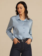 [Gråblå] SilkSilky-SE Long Sleeve Lapel Collar Damskjorta 003