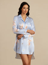 [Ljusblå] SilkSilky-SE Long Sleeve Lapel Collar Dam Sömnskjorta 003