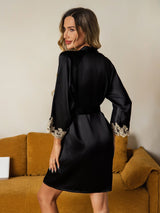 [Svart] SilkSilky-SE 3/4 Sleeve Dam Morgonrock 002